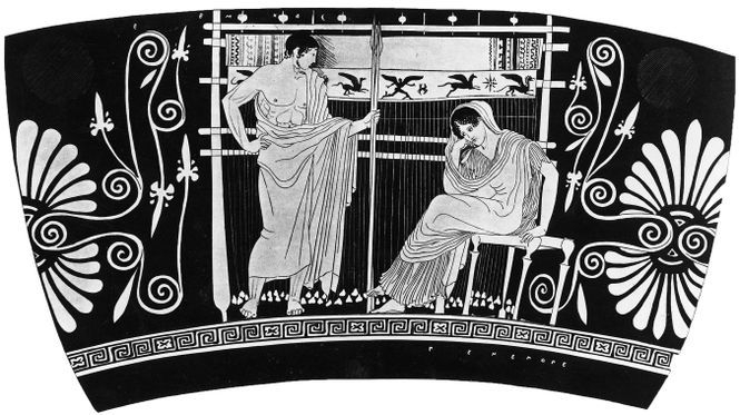 Fragment zeigt Telemachus, der Penelope das Wort verbietet.