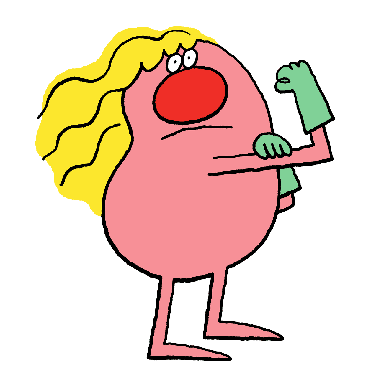 animierte Illustration zeigt eine kleine Figur mit knallroter Kartoffelnase und wallendem blonden Haar. Die Arme zu einer kämpferischen Geste, die Hand in Latexhandschuhe gekleidet und zur Faust geballt.