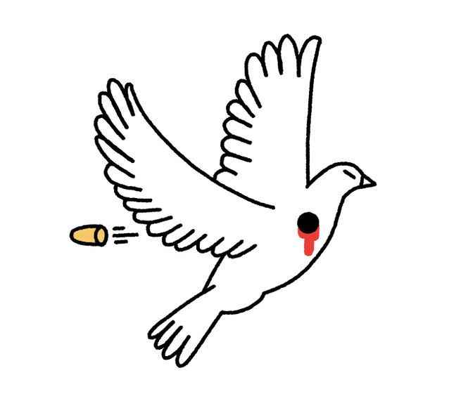 Illustration einer fliegenden Taube, die grad von einer Kugel durchbohrt wird
