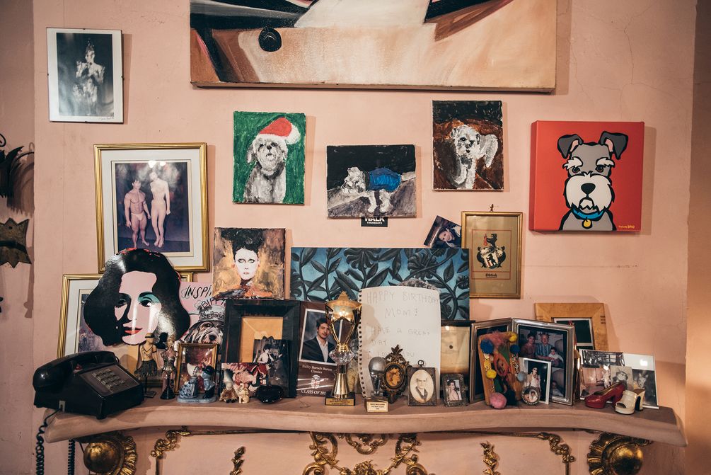 Auf Susanne Bartschs Kamin sammeln sich gerahmte Familienfotos, kleine Porzellanfiguren, zwei Pokale und ein altes Telefon. An der Wand hängen verschiedene Gemälde eines Hundes.
