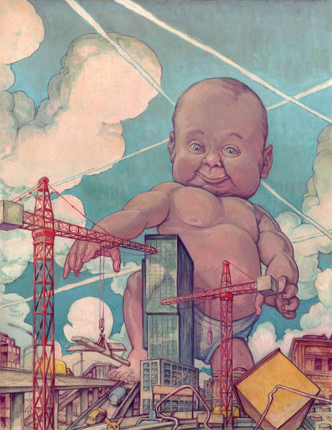 Illustration von einem Riesenbaby, das durch die Stadt Zürich geht wie King Kong