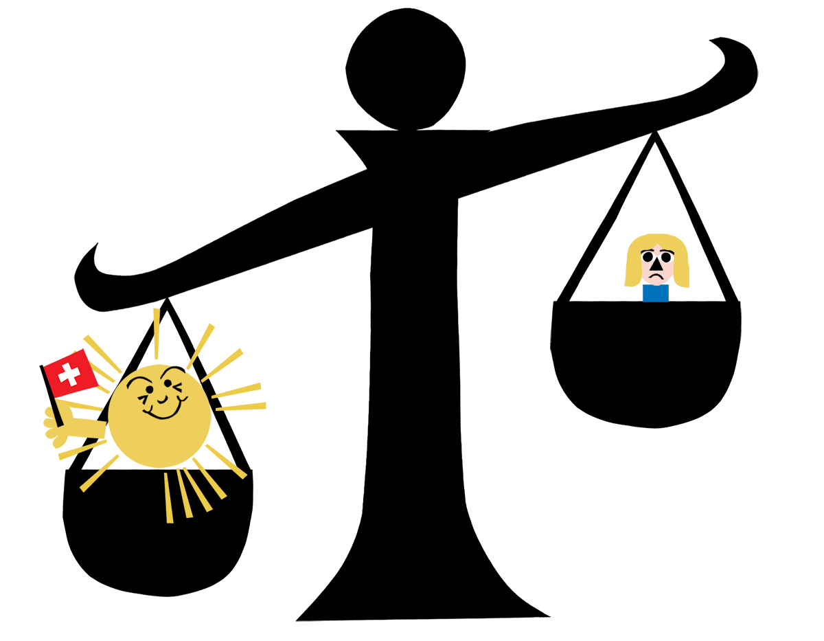 Animierte Illustration zeigt eine Waage. In der linken Waagschale sitzt eine Sonne mit Schweizerfahne, in der rechten Waagschale eine Gruppe von Menschen, welche die Menschenrechte symbolisieren.
