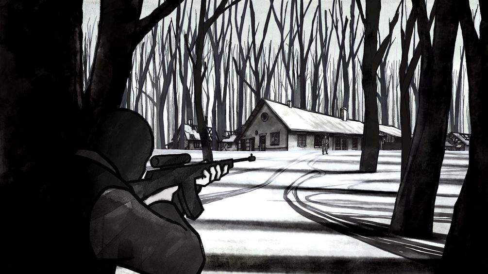 Zeichnung aus dem Animationsfilm zeigt einen Scharfschützen, der hinter einem Baum versteckt auf eine Figur zielt. 
