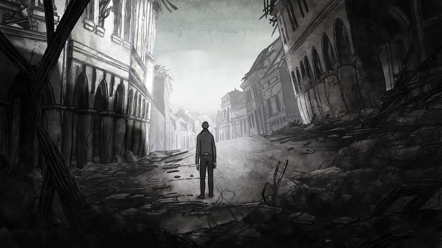 Zecihnung aus dem Film zeigt eine verlorene Figur von hinten inmitten einer zerstörten Strasse.