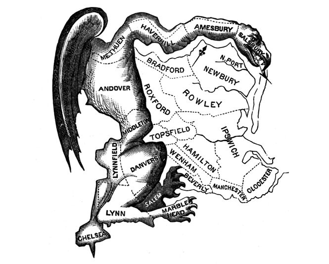 Die Druckgrafik zeigt die neugezeichneten Wahlkreise von Massachusetts. 