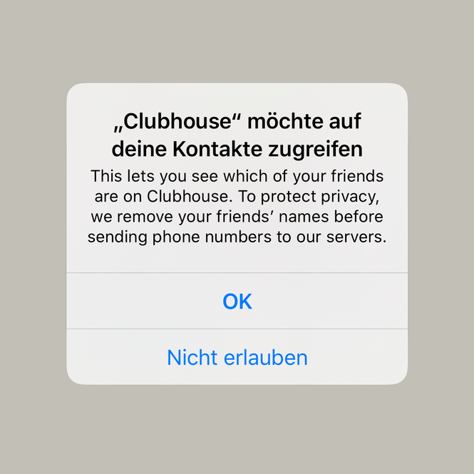iOS-Dialogfenster: Clubhouse möchte auf deine Kontakte zugreifen